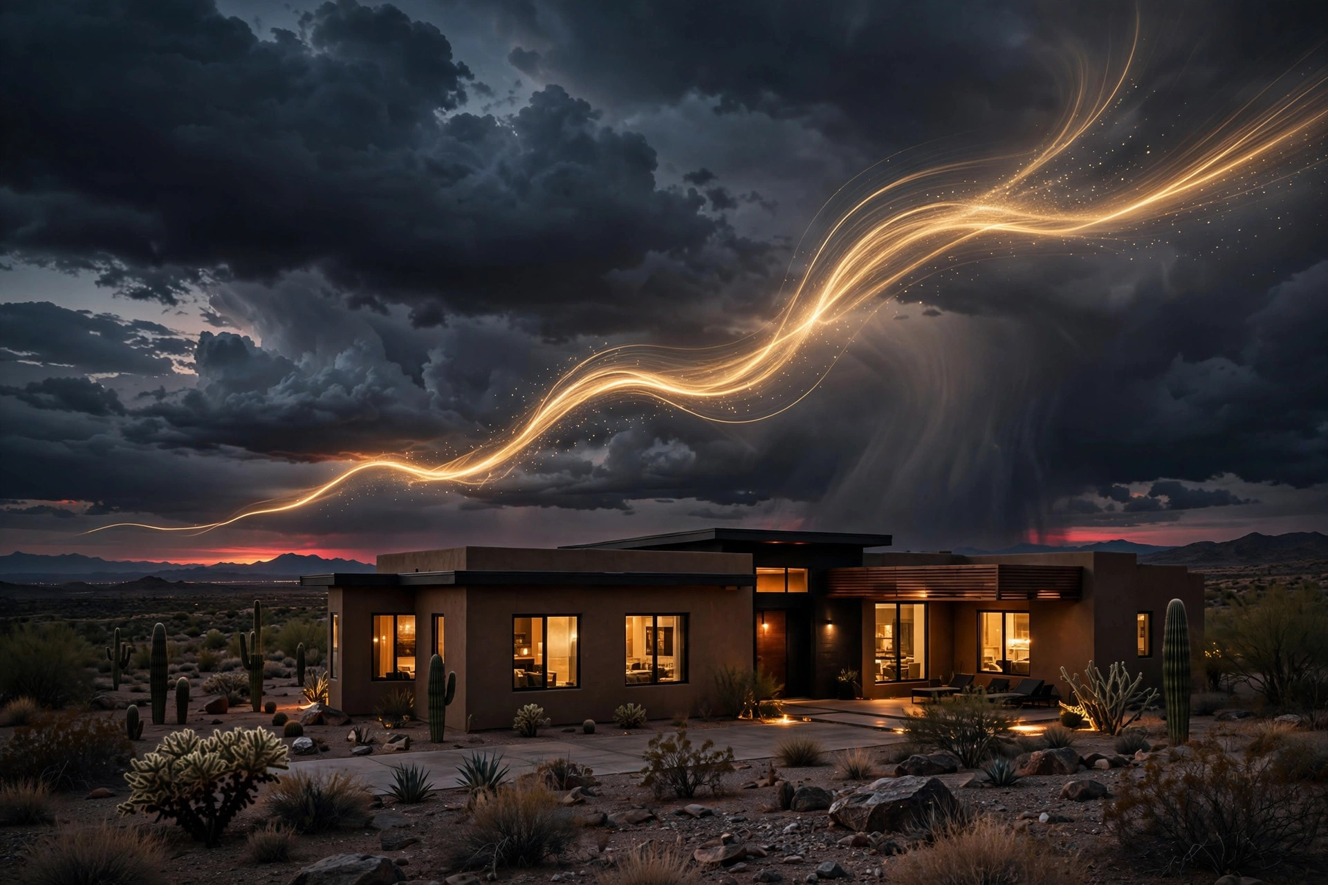 Desert home in Yuma Arizona at dusk with a glowing rising trend line in the sky