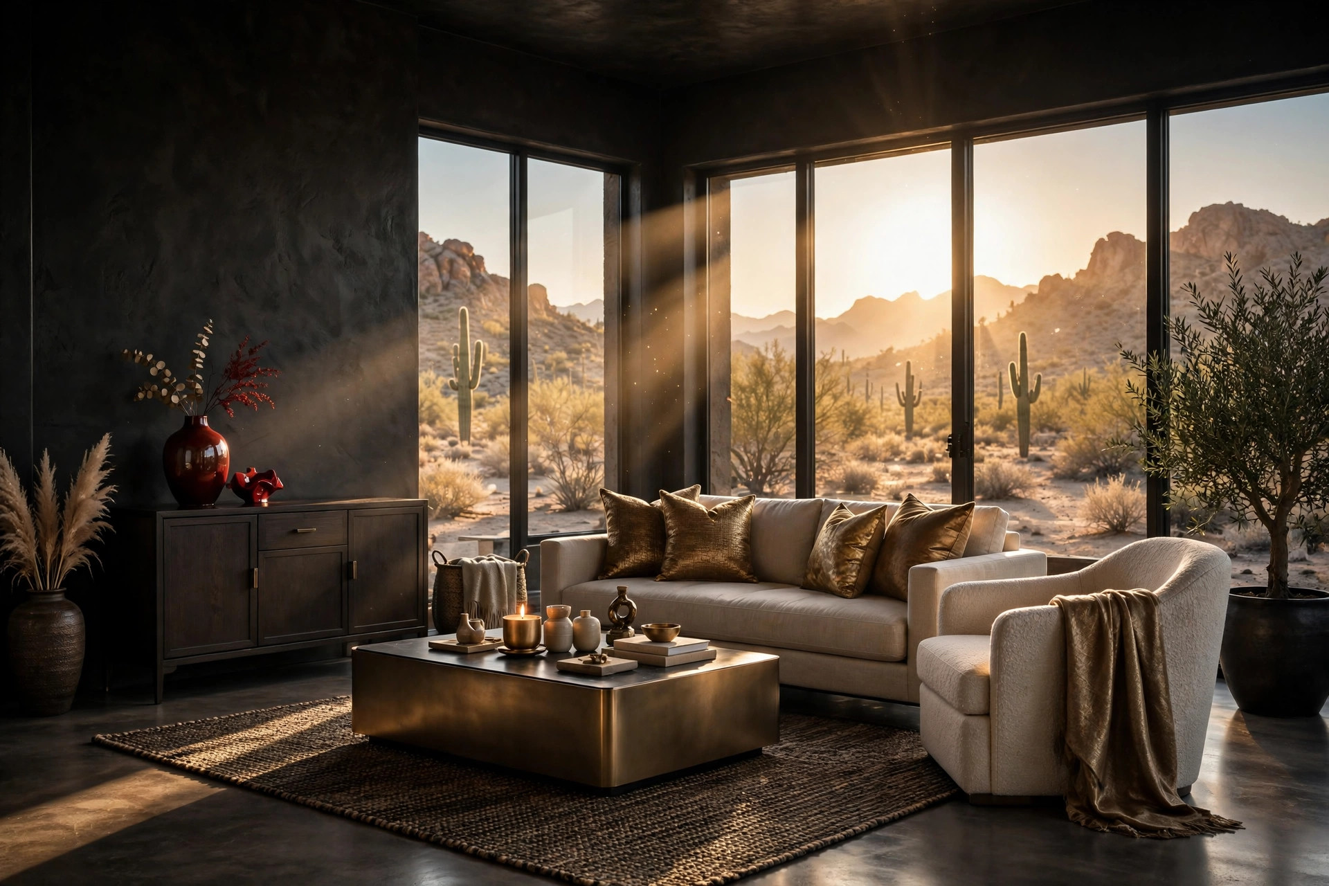Beautifully staged living room of a desert home with warm sunlight
