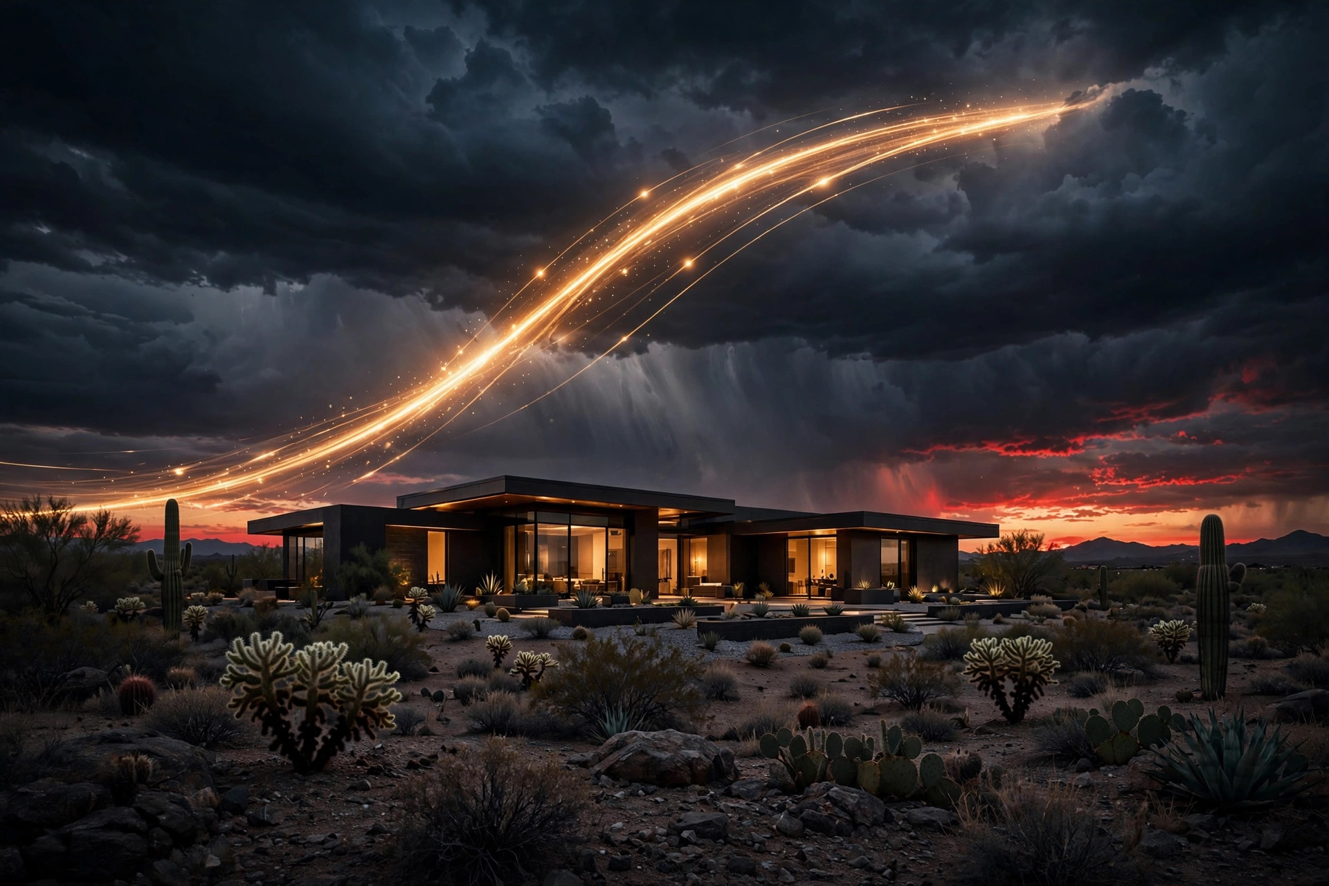 Desert home in Yuma Arizona at dusk under stormy clouds with a glowing amber arc rising like an inflation trend line