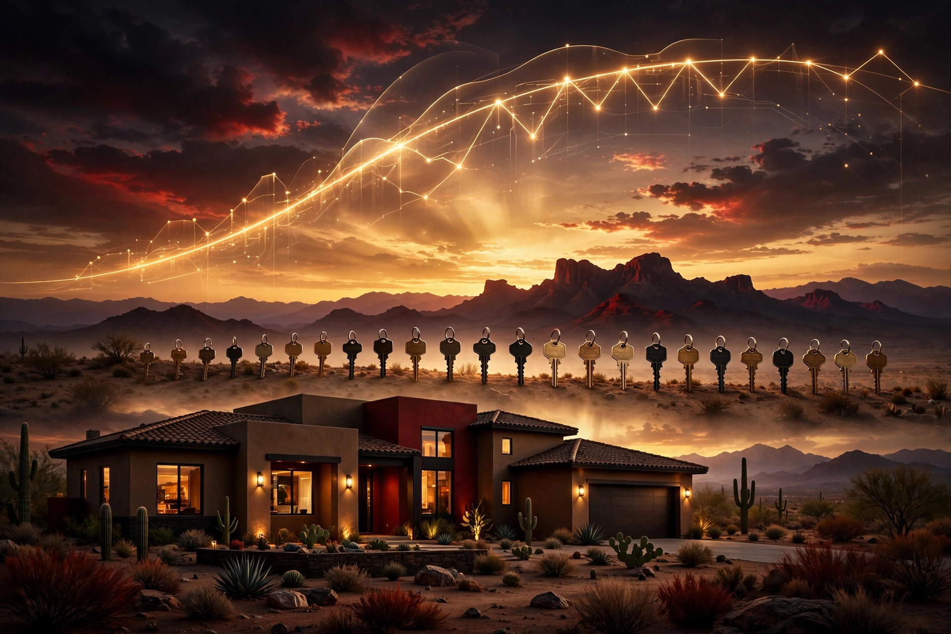 Arizona desert home at dusk under a glowing amber rising trend line with a row of keys on the horizon