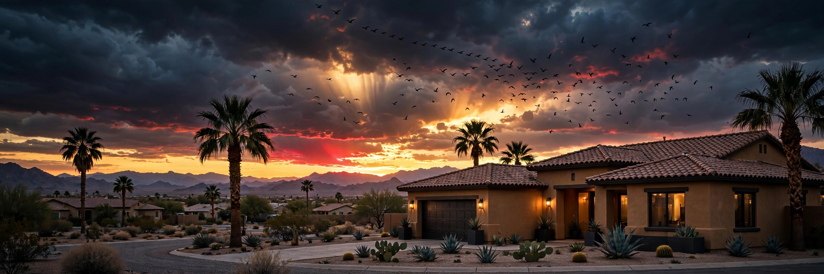 Yuma Arizona home at desert sunset with birds flying south for snowbird season